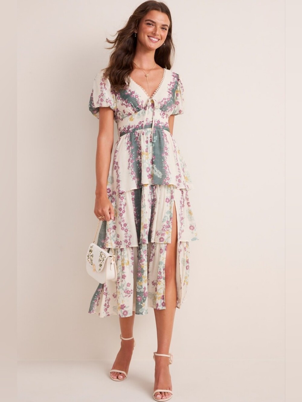 Francesca's Collections Cream & Sage Floral Tiered Midi Dress - Picture 2 of 11